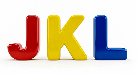 Bright red, yellow, and blue alphabet letters j, k, and l stand out in bold, rounded shapes on a pure white backdrop