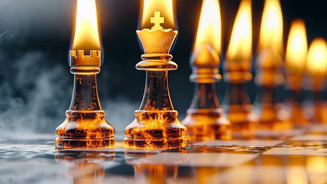 Flames rise from a glass chess set during an intense game at night in a dimly lit room, showcasing the heat of strategy and competition