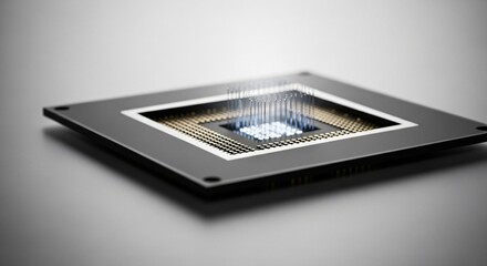 Advanced computer processor with a glowing blue core and light signals for data transfer.