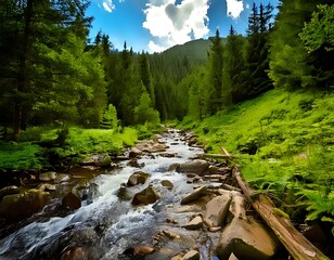 Mountain stream flowing through a lush forest (1)