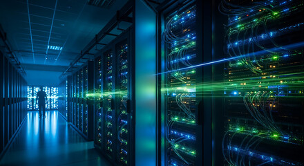 Lone figure walking down a futuristic server room aisle glowing with vibrant blue and green lights, representing data and technology.
