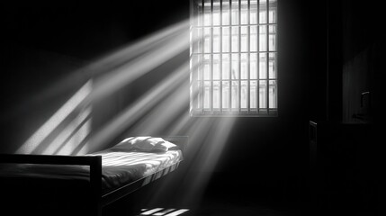 black and white prison cell with a bed