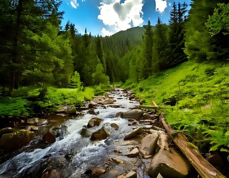 Mountain stream flowing through a lush forest (1)