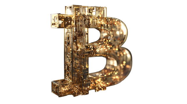 Futuristic golden Bitcoin symbol with intricate network design on transparent background