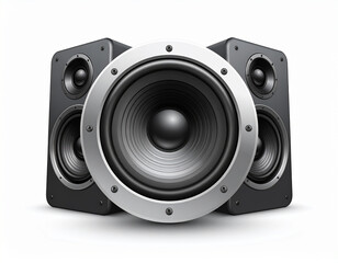 Black audio speakers with silver trim and white background sound system music