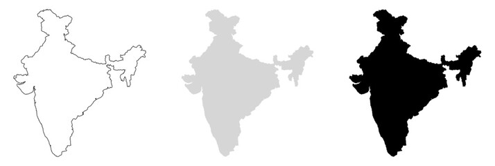 Vector illustration of India map in three styles: outline, silhouette, and filled version. Editable flat design suitable for geography, education, infographic, travel, presentation, and business use.