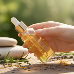 A hand holds a glass dropper bottle filled with golden oil. The bottle is positioned over a wooden surface with natural elements like stones and herbs in the background.