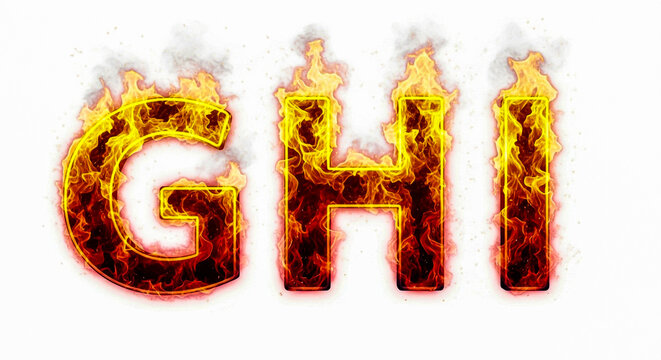 The letters g, h, and i are engulfed in vibrant flames and smoke, creating a fiery and dynamic visual effect