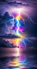 Vibrant rainbow lightning bolt illuminates dramatic stormy sky reflecting on water surface