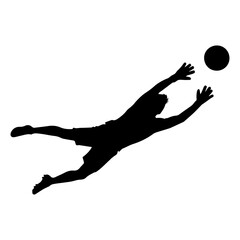 Silhouette of a soccer goalkeeper jumping to catch the ball