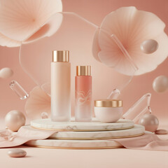  a skincare product set displayed on a marble and fabric platform with floral and geometric decorative elements. The products are positioned in front of a soft, peach-colored backdrop.