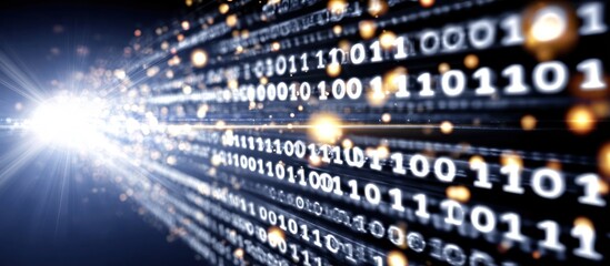 Binary code stream with bright light burst, depicting data flow and technology