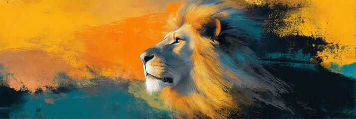 Majestic lion with a flowing mane against a vibrant sunset backdrop.