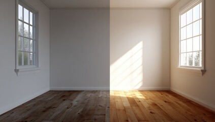 Obraz premium A split-image comparison of an empty room, one half dimly lit, the other bathed in sunlight highlighting the hardwood floor and white walls; showcasing the impact of natural light