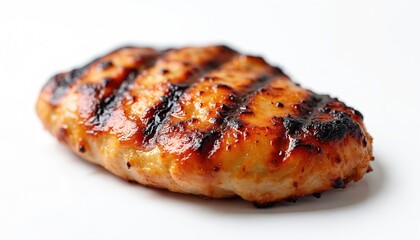 Close-up of charred chicken breast on white background. Grilled meat showcases perfect sear marks and glossy glaze, evoking delicious poultry for culinary use. Promotes food waste concept.