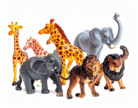 Group of jungle animals toys isolated over white background. Plastic animals toys. 