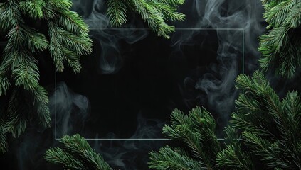 A dark background framed by evergreen boughs and ethereal, swirling smoke, creating a mystical, wintery scene