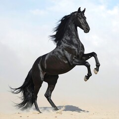 Naklejka premium A majestic black horse rises in mid-air, its powerful legs kicking up dust against a light sky.