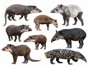 Obraz premium Set of spectacled caiman, tapir and other animals of South America over white backgro