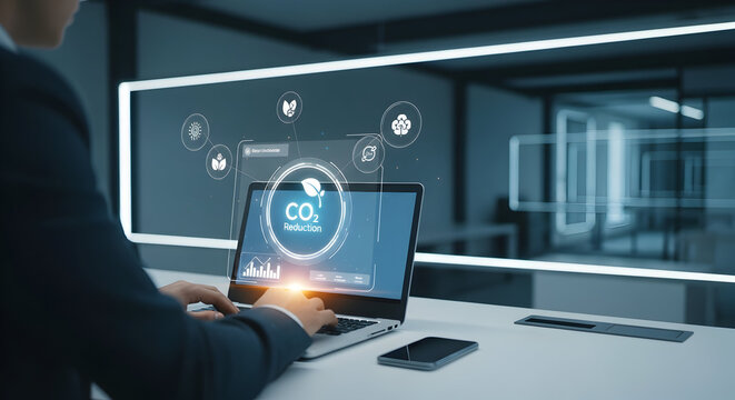 Professional analyzing CO2 reduction data on laptop in modern office