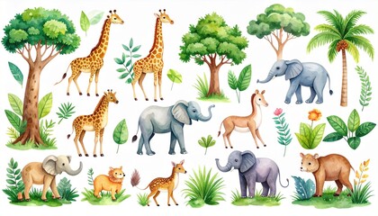 Obraz premium set of vector illustration of a cartoon rain forest animals animation, painted with 