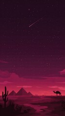 Fototapeta premium A stylized desert landscape at twilight, showcasing three pyramids, a lone camel, cacti, and a shooting star against a deep magenta sky