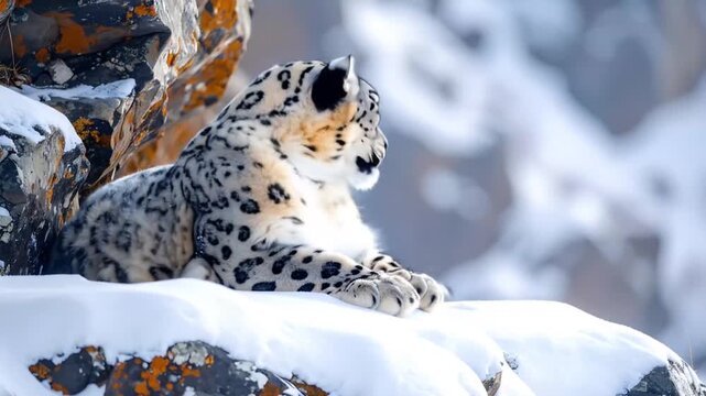 Snow Leopard Resting on Snowy Rock Ledge in Winter