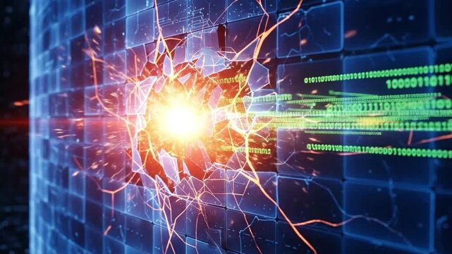 Dynamic digital explosion shattering abstract data grid with radiating binary code light