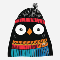 Cute Penguin Bird Head in Winter Hat Cartoon Vector Illustration	