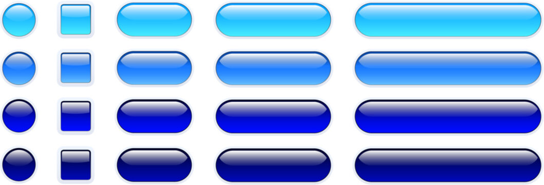 Buttons blue isolated, shiny glass navigation panel for website.