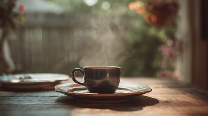 Obraz premium Cup of hot coffee or tea standing on a table with a plate