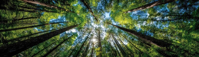 Fototapeta premium Trees in forest rising toward blue sky concept. Lush green forest with tall trees reaching towards the sky.