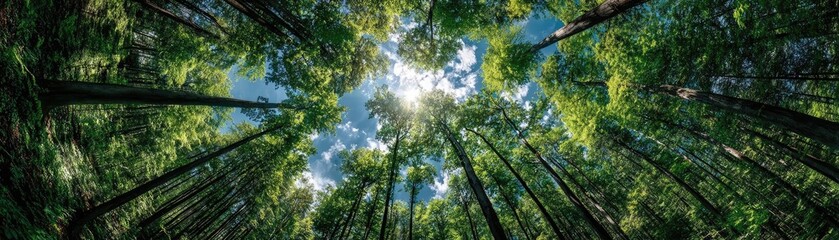 Fototapeta premium Trees in forest rising toward blue sky concept. View of a lush forest canopy with sunlight filtering through trees.