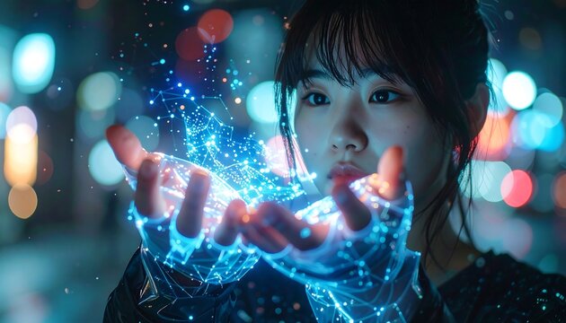 Futuristic concept of a woman interacting with augmented reality, holding a glowing digital butterfly in a neon city at night