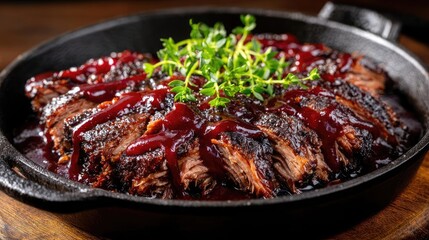 Juicy pulled pork with dripping bbq sauce concept. Succulent barbecue brisket garnished with fresh herbs and sauce.