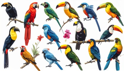 Obraz premium Many beautiful exotic birds on white background, collection