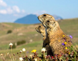 Prairie dogs standing alert in a meadow