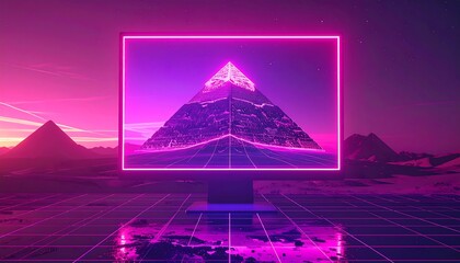 Vibrant neon pyramid reflected on a futuristic monitor, set against a digital retrowave landscape, evoking a nostalgic eighties aesthetic with glowing gridlines