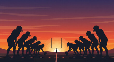 Silhouette of American football players lined up on the field, ready for kickoff, dramatic sunset sky background, teamwork and competition concept, minimalist vector illustration.