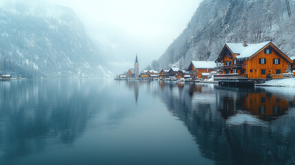 Fototapeta premium Winter View of Hallstatt, Austria: Mountain & Lake in Front, Old Wooden Waterfront Buildings, Hillside Houses, White Sky, Cold Tone, for Decor/Wallpaper/Poster