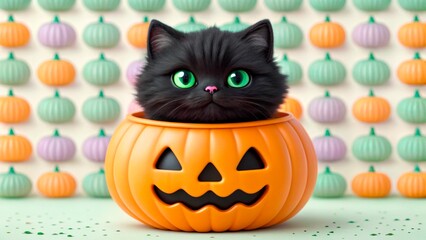 Black fluffy cat in Halloween pumpkin with green eyes in playful autumn atmosphere