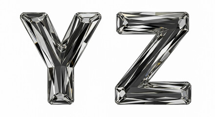 The letters y and z are intricately formed from faceted, clear crystal or glass, with sharp edges and reflective surfaces, presented on a stark white background