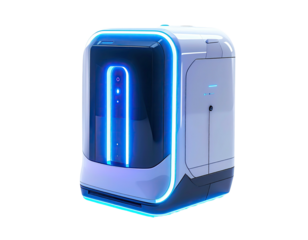 Futuristic, light-blue-accented, boxy device with glowing panel