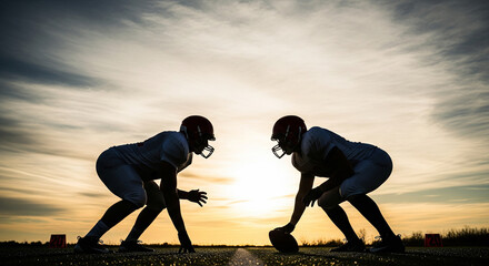 Silhouette of two American football players facing each other on scrimmage line, ready to charge, cloudy sky backdrop, competitive sports scene.