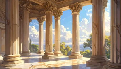 Naklejka premium A sun-drenched colonnaded hall, bathed in light, overlooks a serene landscape of hills and trees, showcasing an elegant and classical architectural design.