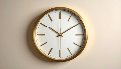 Round wall clock with gold frame, white face, and minimalist gold hour markers and hands, mounted on light wall, showing time 10:10:30