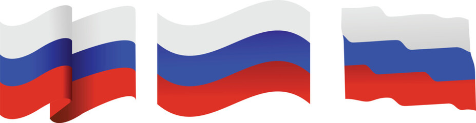 Three Artistic Variations of the Russian National Flag on Clean Background