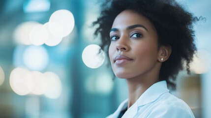 Obraz premium Compassionate female healthcare professional in a white coat, embodying care and dedication in her role.