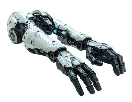 Sci-fi robotic arms outstretched, white and grey, complex machinery
