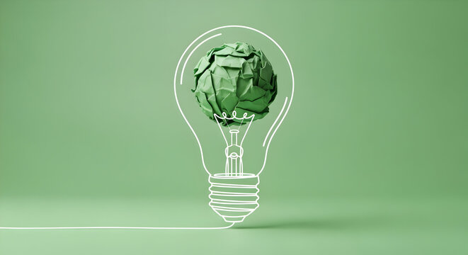 Green crumpled paper idea bulb, symbolizing innovation and creativity